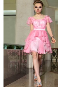 Mini Length Rose Pink Prom Party Dress Square Cap Sleeves Side Zipper