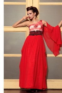 Perfect Floor Length Red Dress for Prom Chiffon Sleeveless Beading
