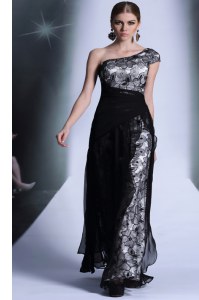 One Shoulder Sleeveless Tulle and Lace Floor Length Side Zipper Prom Gown in Black with Embroidery