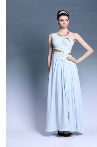 Customized One Shoulder Sleeveless Floor Length Ruching and Belt Backless Dress for Prom with Light Blue