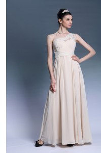 On Sale Champagne Chiffon Side Zipper One Shoulder Sleeveless Floor Length Pageant Dress for Girls Beading and Ruching