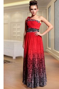 Chiffon One Shoulder Sleeveless Side Zipper Beading and Pattern and Pleated Prom Gown in Red