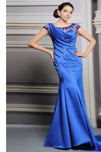 Noble Scoop Sleeveless Prom Dresses Court Train Beading Blue Satin