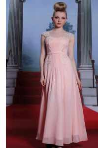 Cap Sleeves Chiffon Floor Length Side Zipper Prom Gown in Baby Pink with Beading