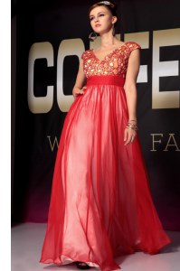 Fashionable Red Empire Appliques and Belt Prom Gown Side Zipper Organza Short Sleeves Floor Length