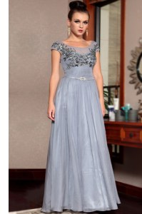 Scoop Grey Cap Sleeves Beading and Sequins and Ruching and Belt Floor Length Dress for Prom