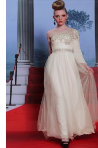 Attractive One Shoulder Beading and Appliques Prom Dress Champagne Side Zipper 3 4 Length Sleeve Floor Length