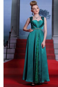 Ankle Length Peacock Green Prom Gown Elastic Woven Satin Sleeveless Beading and Lace