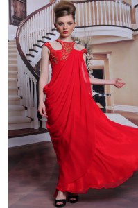 Shining Red Scoop Side Zipper Beading and Appliques Prom Gown Sleeveless