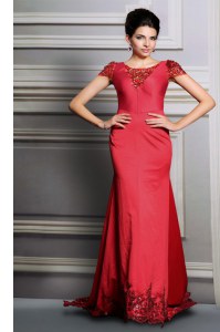 Scoop Short Sleeves Appliques Clasp Handle Evening Dress with Red Court Train