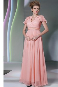 Column/Sheath Prom Gown Pink V-neck Chiffon Cap Sleeves Floor Length Side Zipper