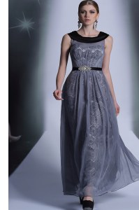 Scoop Belt Prom Gown Grey Side Zipper Sleeveless Floor Length