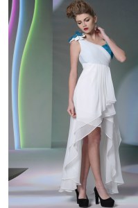 White Asymmetric Side Zipper Ruffled Layers and Sequins and Hand Made Flower Dress for Prom Sleeveless