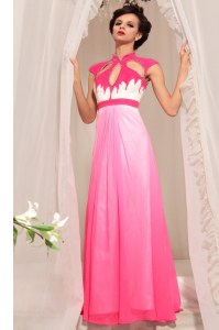 Hot Pink Chiffon Zipper High-neck Sleeveless Floor Length Prom Gown Beading