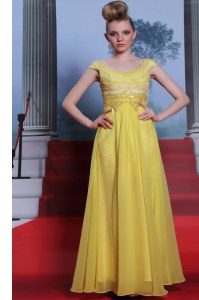 Noble Scalloped Chiffon Short Sleeves Floor Length Prom Dresses and Beading and Appliques and Pleated