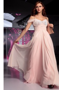 Latest Pink Short Sleeves Floor Length Beading and Ruching Backless Prom Dresses