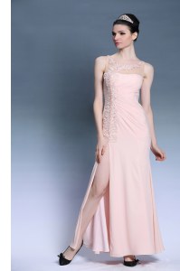 Fancy Ankle Length Side Zipper Prom Evening Gown Baby Pink for Prom and Party with Appliques