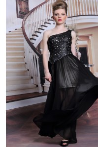 One Shoulder Sleeveless Prom Dress Floor Length Appliques Black Chiffon