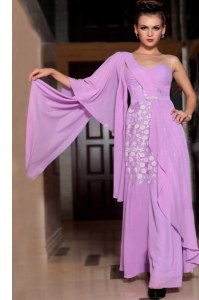 Super Lilac Half Sleeves Beading and Ruching Ankle Length Prom Party Dress
