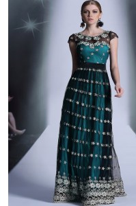 Scoop Teal Cap Sleeves Appliques and Pleated Floor Length Prom Gown