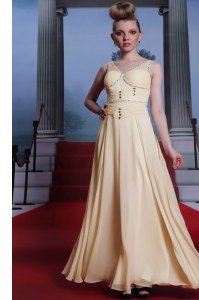 Light Yellow Sleeveless Floor Length Beading and Ruching Side Zipper Prom Gown