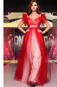 Exceptional Floor Length Red Prom Evening Gown V-neck Sleeveless Zipper