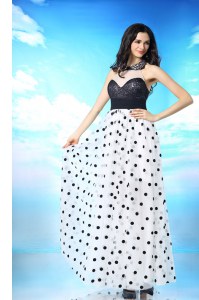 Halter Top White And Black Chiffon Side Zipper Prom Evening Gown Sleeveless Ankle Length Beading and Sequins and Ruching