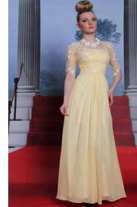 Designer Light Yellow Prom and Party and For with Lace and Ruching Spaghetti Straps Half Sleeves Zipper
