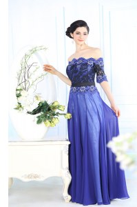 Superior Scalloped Blue Half Sleeves Chiffon Zipper Prom Party Dress for Prom and Party