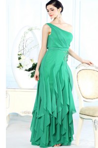 Fitting One Shoulder Floor Length Green Dress for Prom Chiffon Sleeveless Appliques