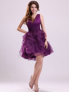 Purple Club Wear Prom and Party and For with Ruffles V-neck Sleeveless Zipper