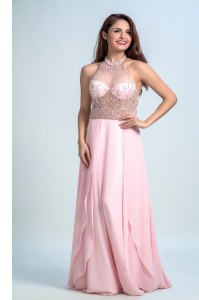 Glorious Halter Top Sleeveless Floor Length Beading Criss Cross Homecoming Dress with Baby Pink