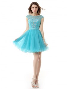 Chic Aqua Blue Cocktail Dresses Prom and Party and For with Beading Bateau Sleeveless Zipper