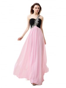 Pink And Black Zipper One Shoulder Beading and Appliques and Ruffles Prom Party Dress Chiffon Sleeveless