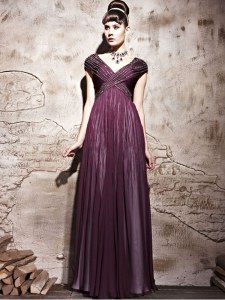 Purple Chiffon Side Zipper Homecoming Dress Cap Sleeves Floor Length Beading and Ruching