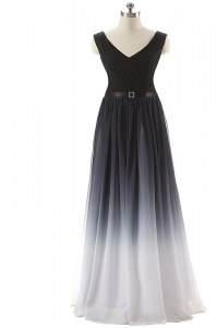 Chiffon V-neck Sleeveless Lace Up Ruching and Belt Prom Evening Gown in Black