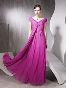 Glorious Rose Pink V-neck Neckline Beading and Ruching Prom Gown Cap Sleeves Zipper