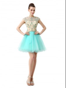 Attractive Scoop Knee Length Zipper Cocktail Dresses Aqua Blue for Prom and Party with Beading