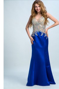 Top Selling Floor Length Royal Blue Prom Party Dress V-neck Sleeveless Backless