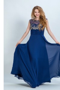 Scoop Floor Length Zipper Prom Party Dress Navy Blue for Prom and Party with Beading