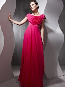 Scoop Cap Sleeves Prom Evening Gown Floor Length Beading and Ruching Hot Pink Chiffon