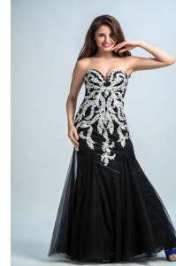 Sleeveless Tulle Floor Length Zipper Prom Evening Gown in Black with Embroidery