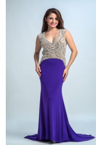 Wonderful Purple Column/Sheath Beading Backless Chiffon Sleeveless Floor Length