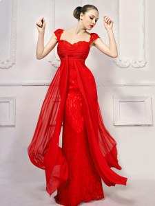 Cap Sleeves Lace With Brush Train Lace Up Prom Party Dress in Red with Beading and Lace and Sashes ribbons
