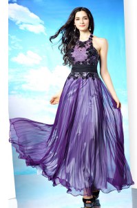 Cute Halter Top Sleeveless Chiffon Floor Length Zipper in Purple with Lace