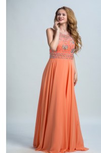 Scoop Sleeveless Floor Length Beading Backless Evening Dress with Orange