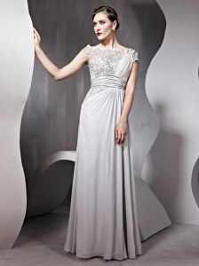 Floor Length Column/Sheath Cap Sleeves Silver Prom Evening Gown Side Zipper