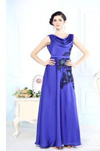 Scoop Blue Column/Sheath Appliques Prom Dresses Backless Satin Sleeveless Floor Length