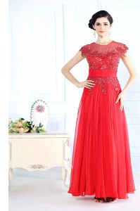 Coral Red Column/Sheath Scoop Sleeveless Organza Floor Length Zipper Beading Evening Dress