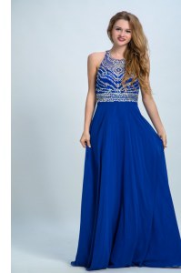 Sweet Scoop Sleeveless Chiffon Floor Length Criss Cross Prom Gown in Royal Blue with Beading